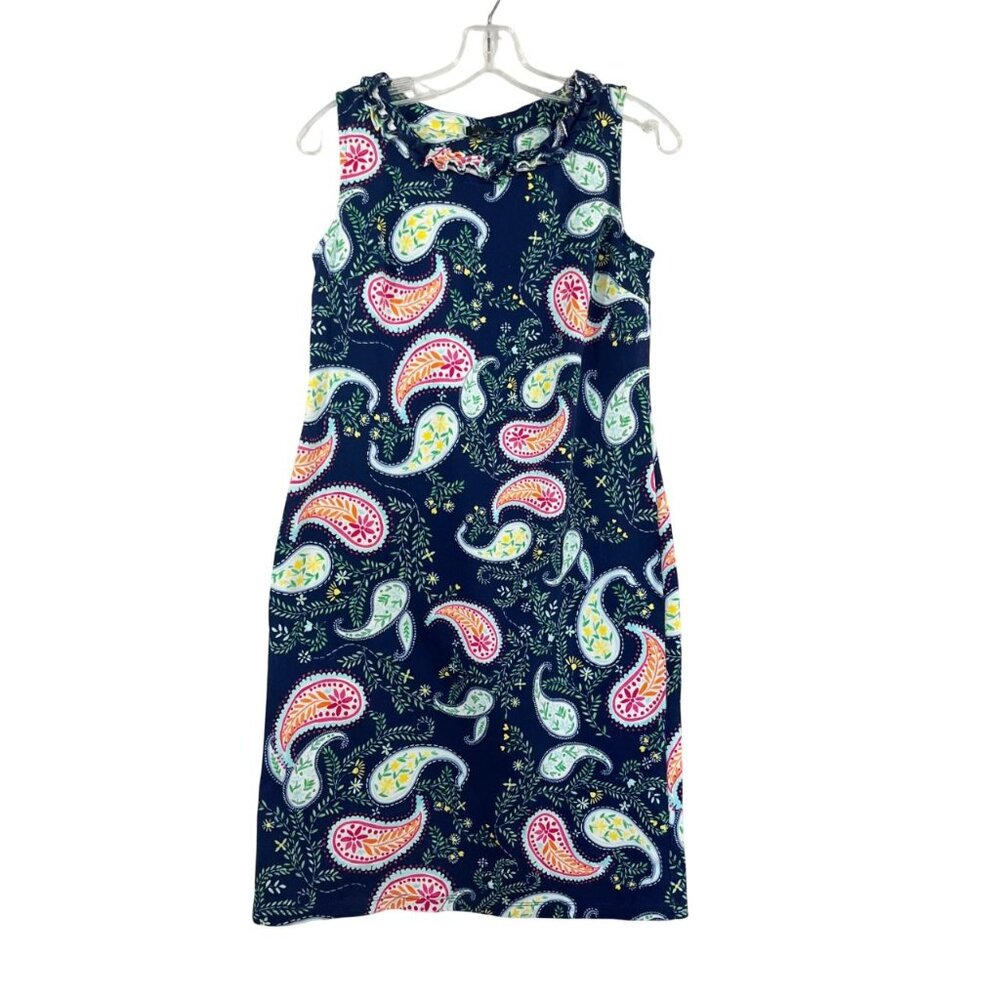 Talbots Navy Blue Multicolor Paisley Ruffle Trim Midi Dress Sleeveless - SMALL